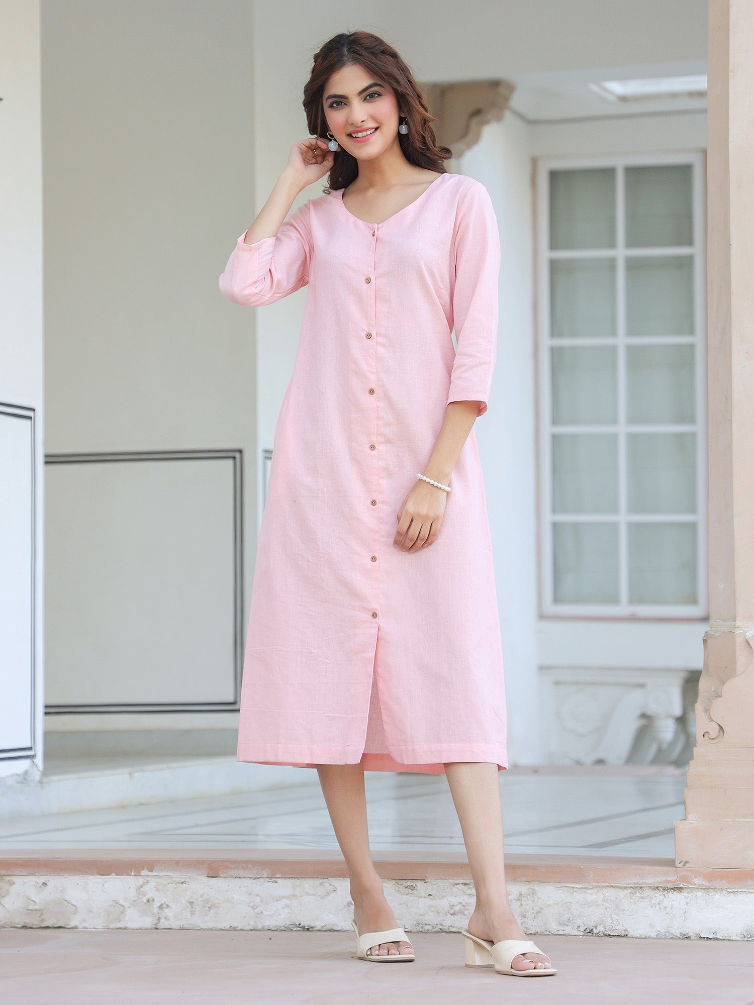 BlushEase Soft Pink Cotton Solid A-Line Dress for Women
