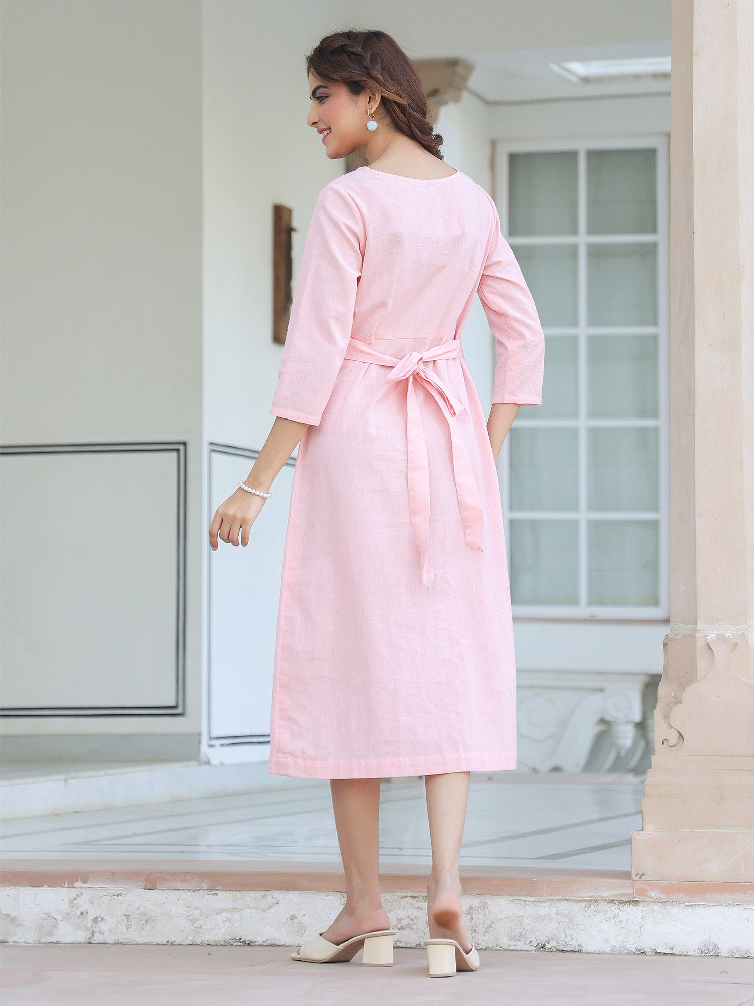 BlushEase Soft Pink Cotton Solid A-Line Dress for Women