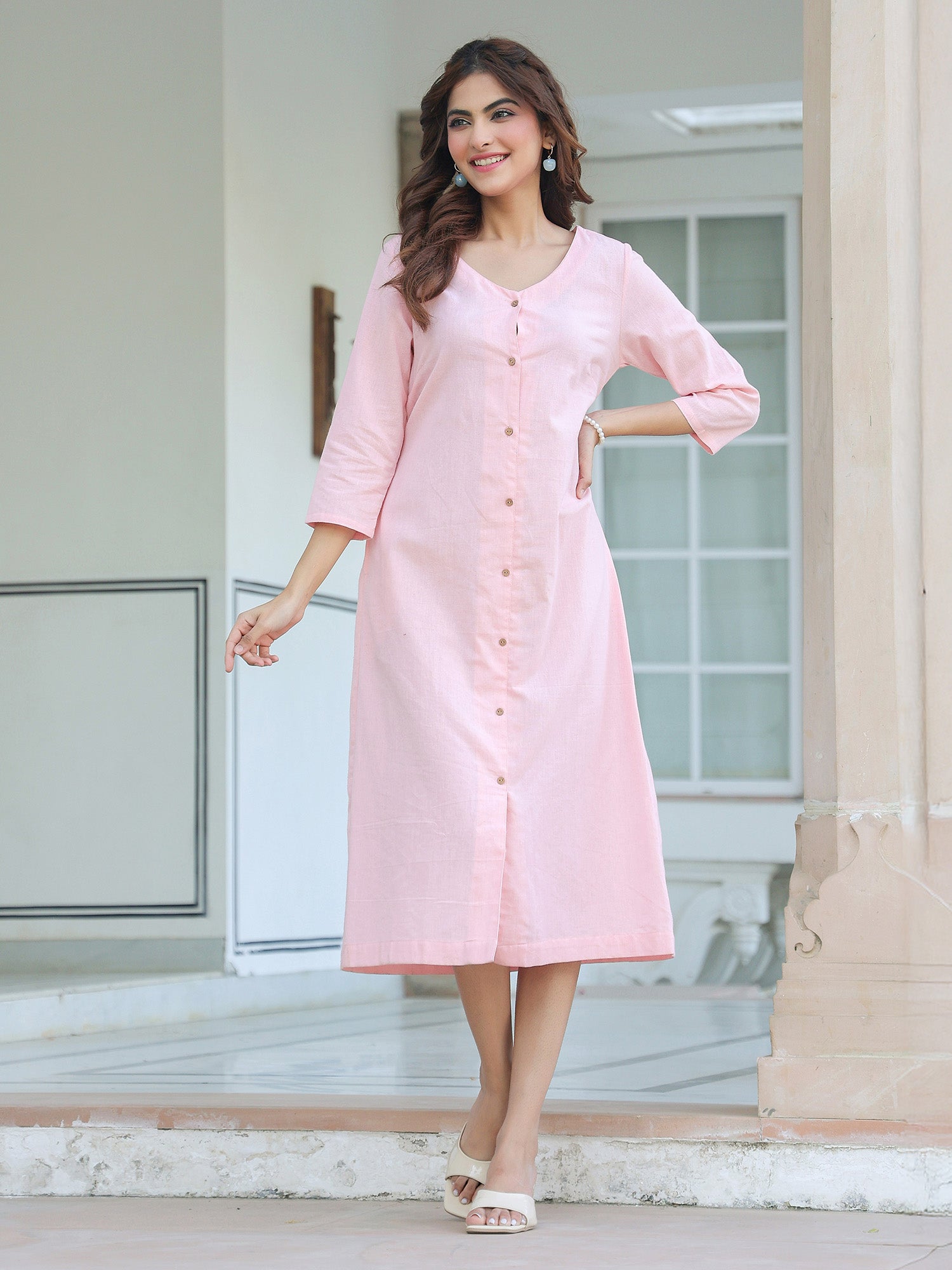 BlushEase Soft Pink Cotton Solid A-Line Dress for Women