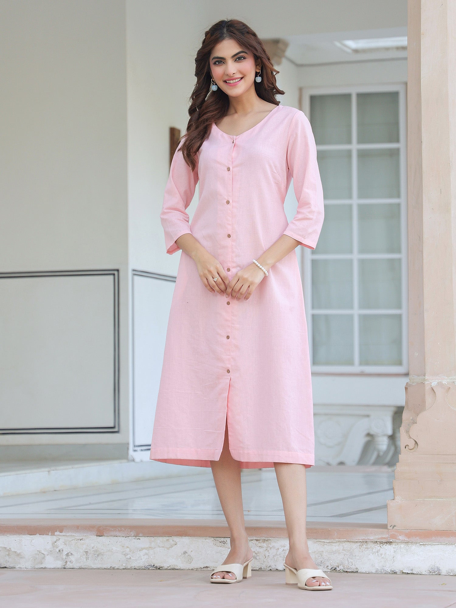 BlushEase Soft Pink Cotton Solid A-Line Dress for Women