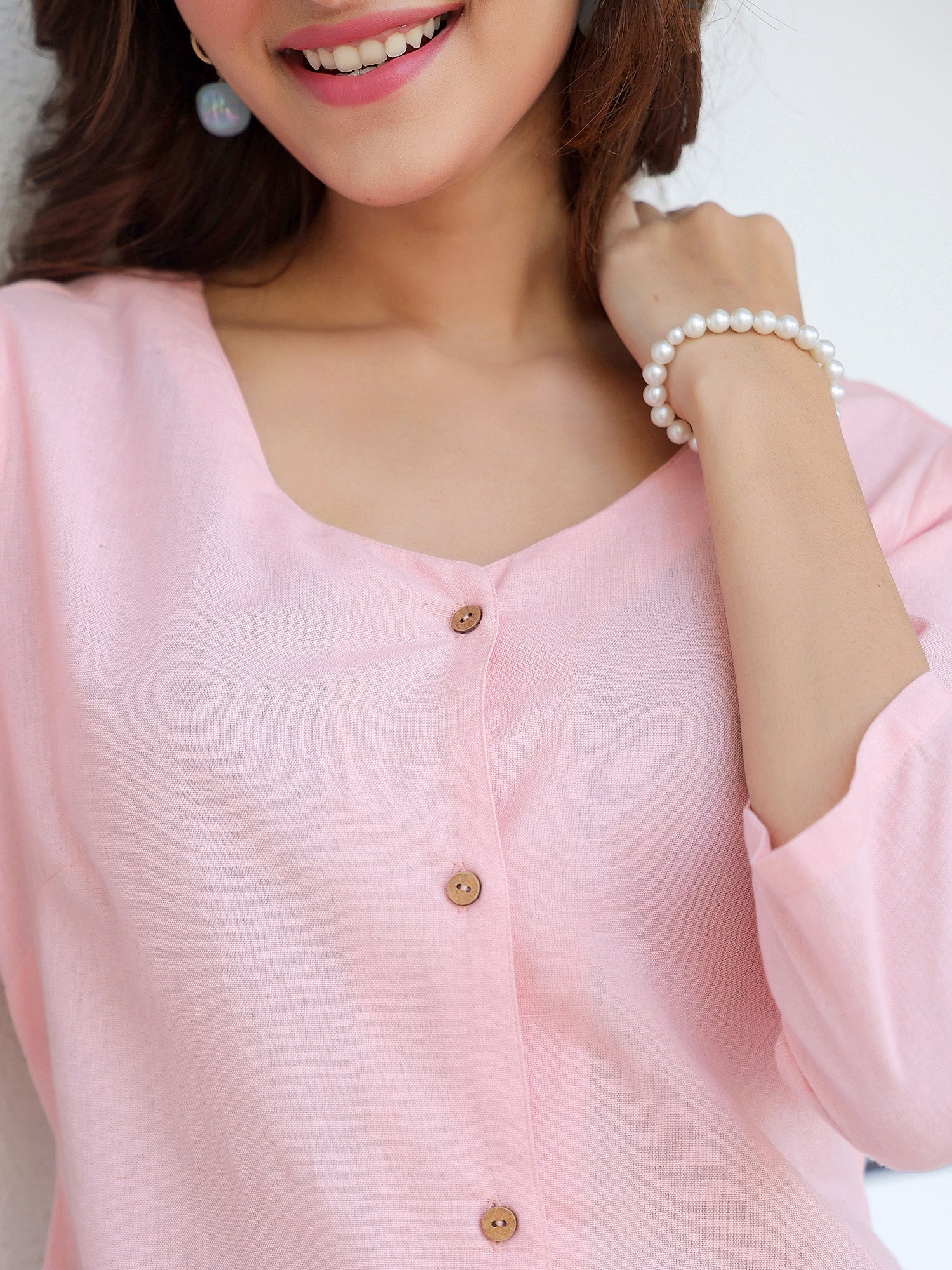 BlushEase Soft Pink Cotton Solid A-Line Dress for Women