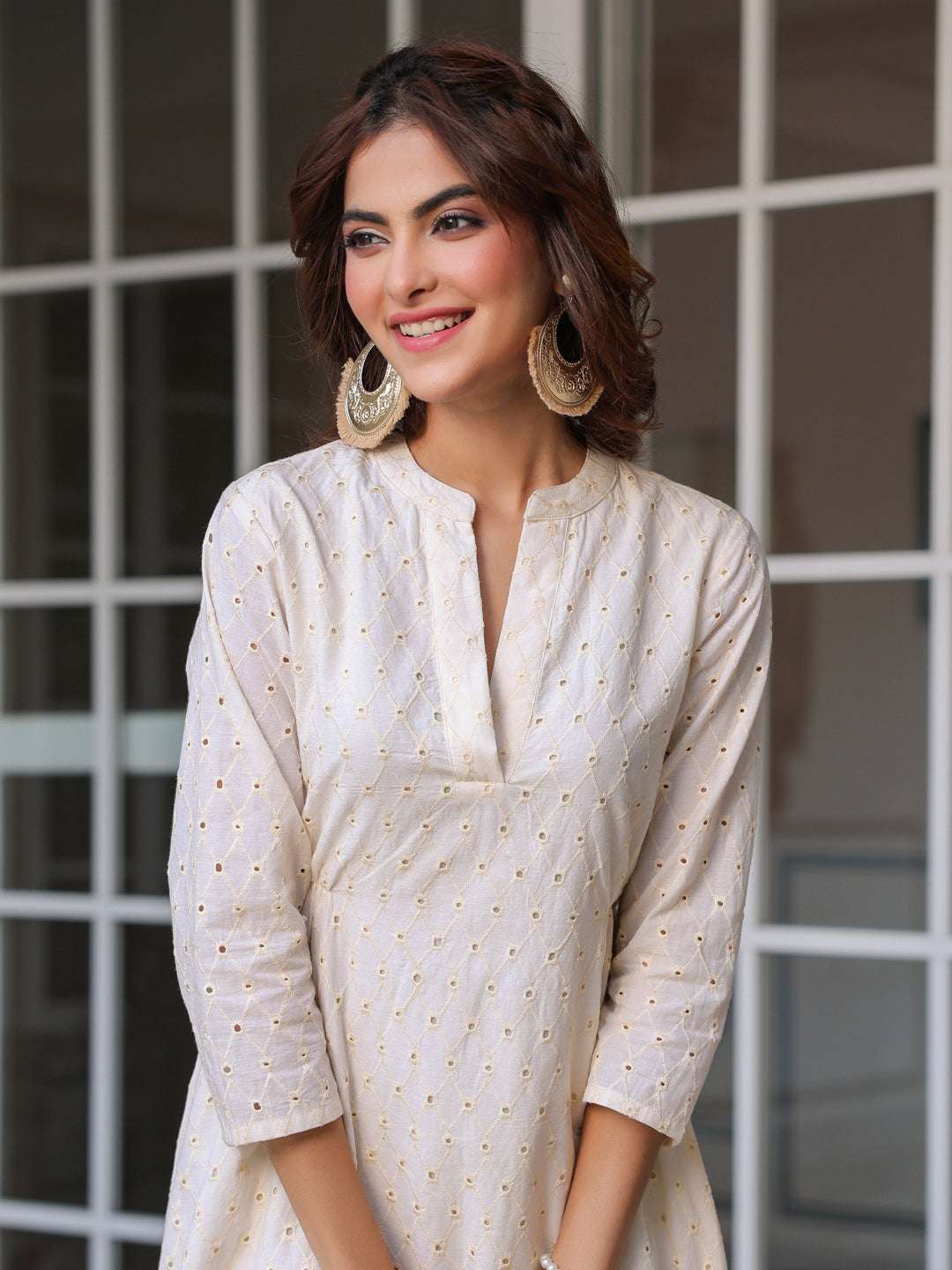 Elegant Off-White Schiffli Cotton Midi Dress My Store