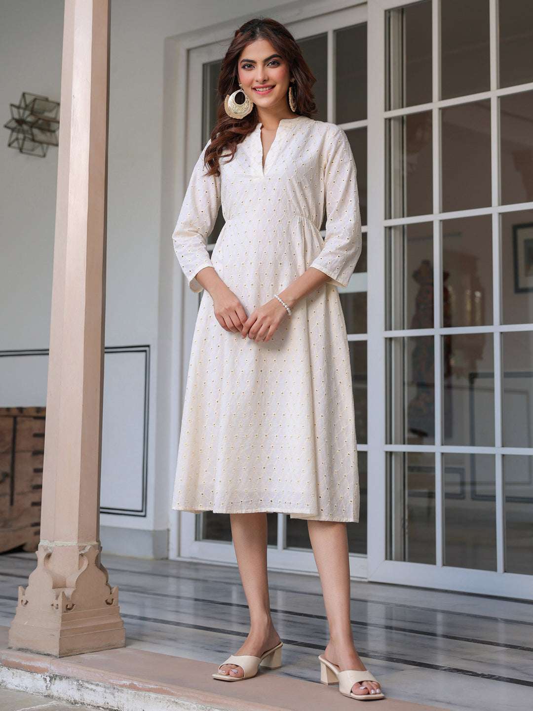 Elegant Off-White Schiffli Cotton Midi Dress My Store