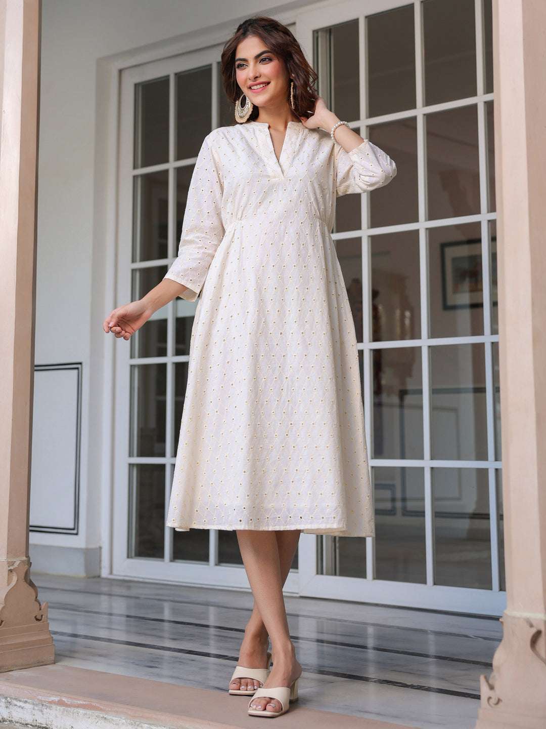 Elegant Off-White Schiffli Cotton Midi Dress My Store