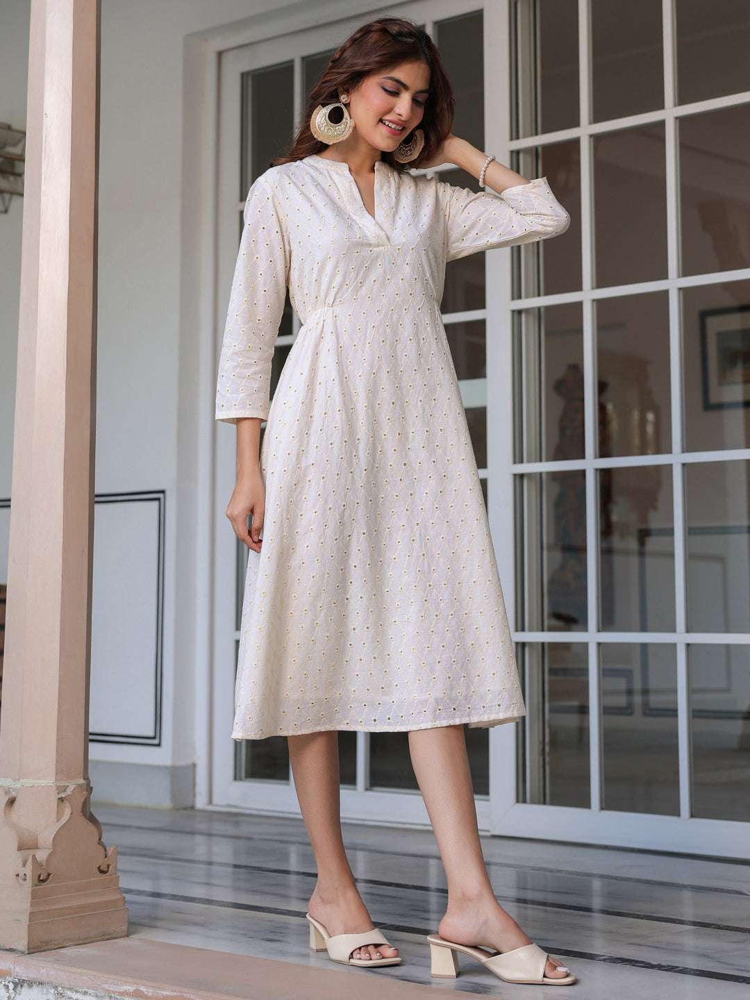 Elegant Off-White Schiffli Cotton Midi Dress My Store