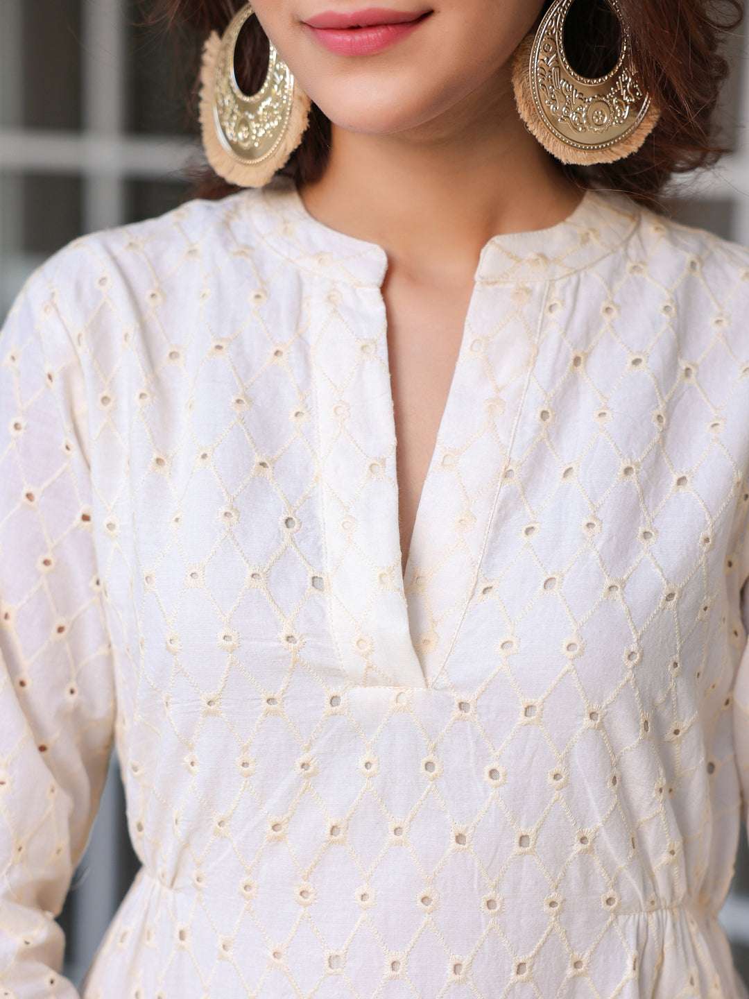 Elegant Off-White Schiffli Cotton Midi Dress My Store