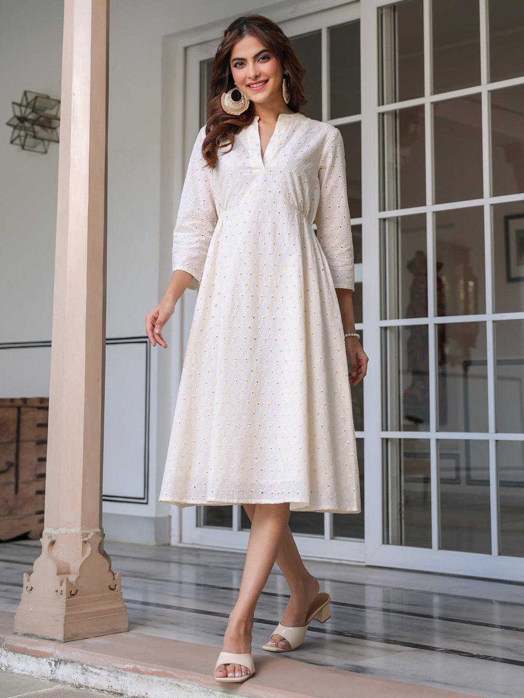 Elegant Off-White Schiffli Cotton Midi Dress