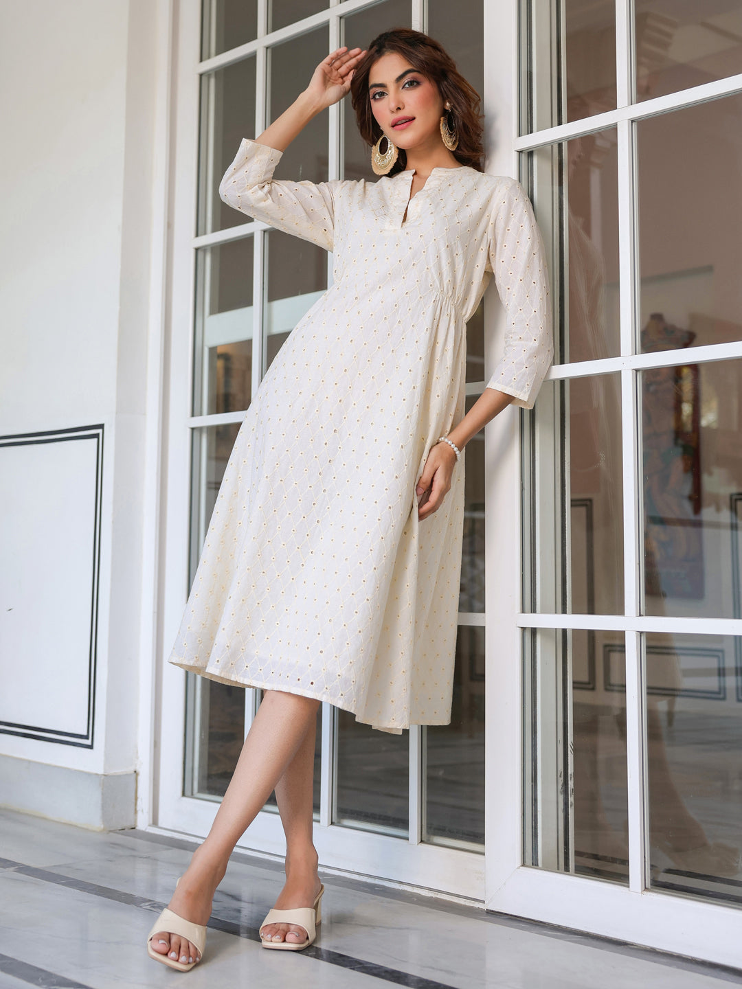 Elegant Off-White Schiffli Cotton Midi Dress