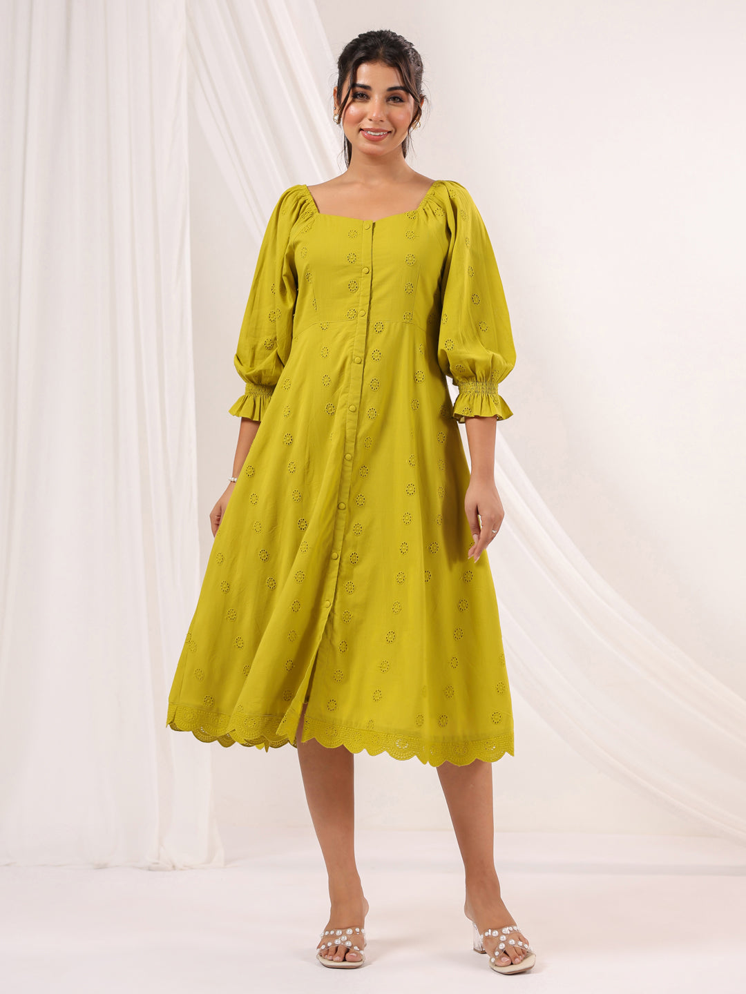 Mustard Green Schiffli Cotton Dress for Women