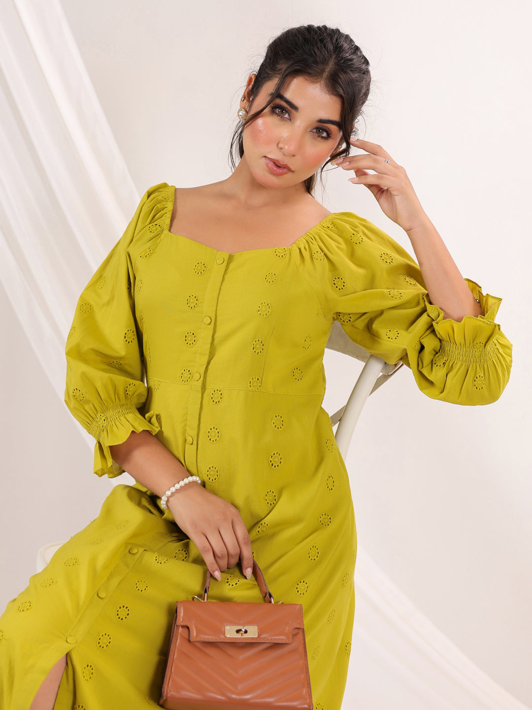 Mustard Green Schiffli Cotton Dress for Women