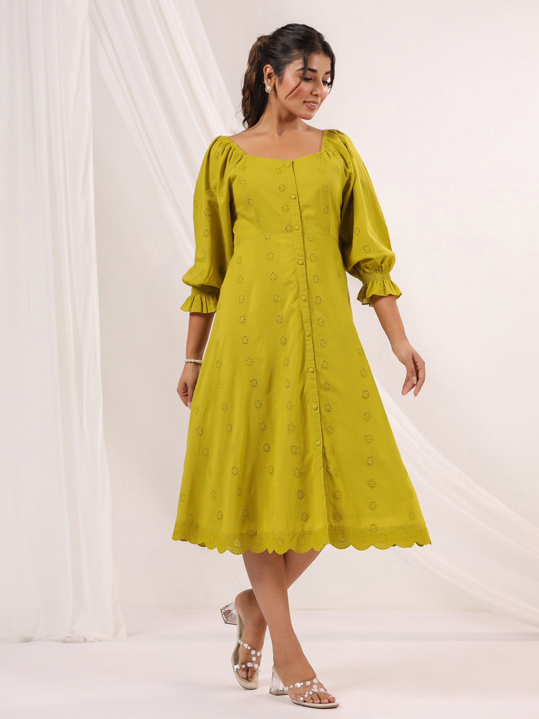 Mustard Green Schiffli Cotton Dress for Women