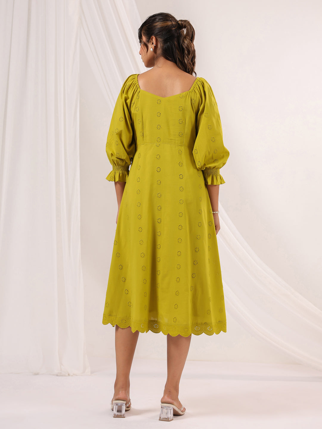 Mustard Green Schiffli Cotton Dress for Women