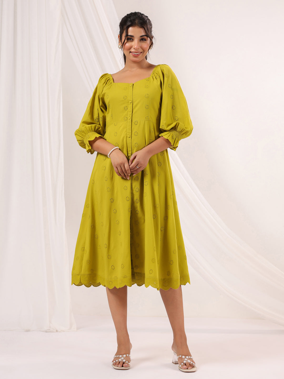 Mustard Green Schiffli Cotton Dress for Women