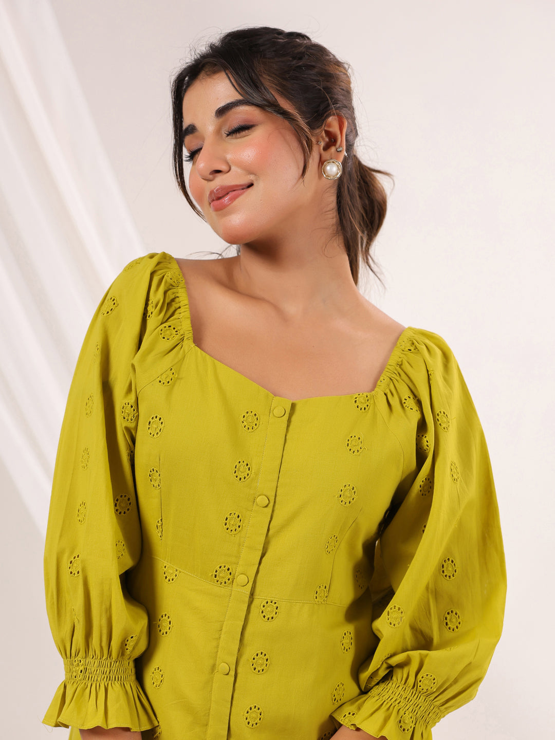 Mustard Green Schiffli Cotton Dress for Women