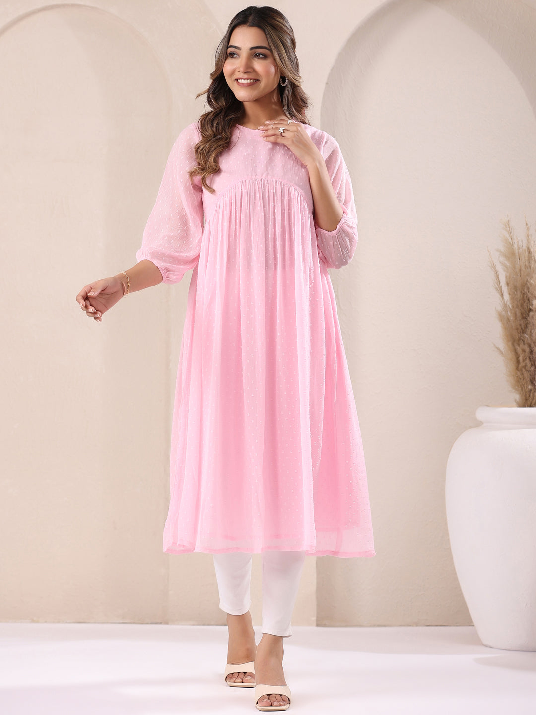 Myra Pink Dobby Chiffon Alia Cut Stylish Kurti for Women