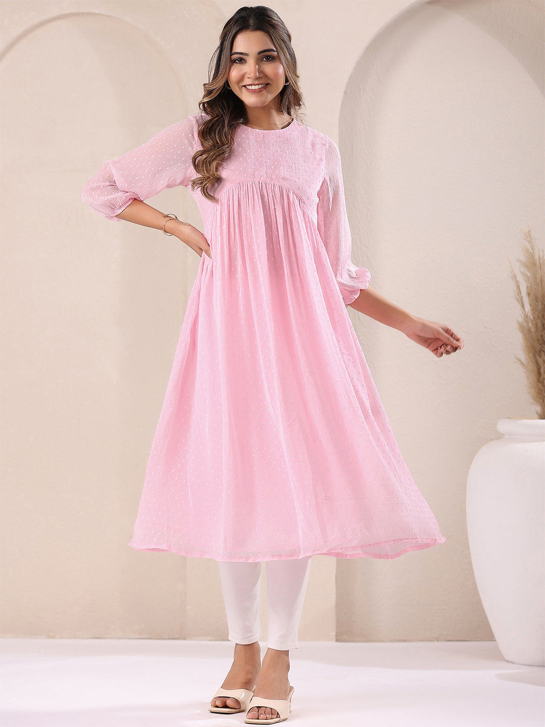 Myra Pink Dobby Chiffon Alia Cut Stylish Kurti for Women
