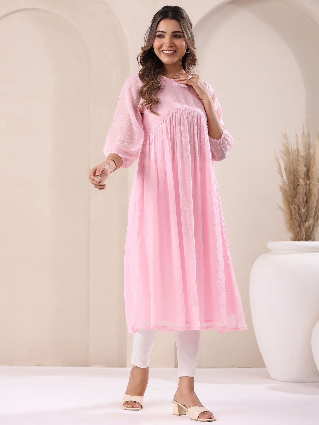 Myra Pink Dobby Chiffon Alia Cut Stylish Kurti for Women