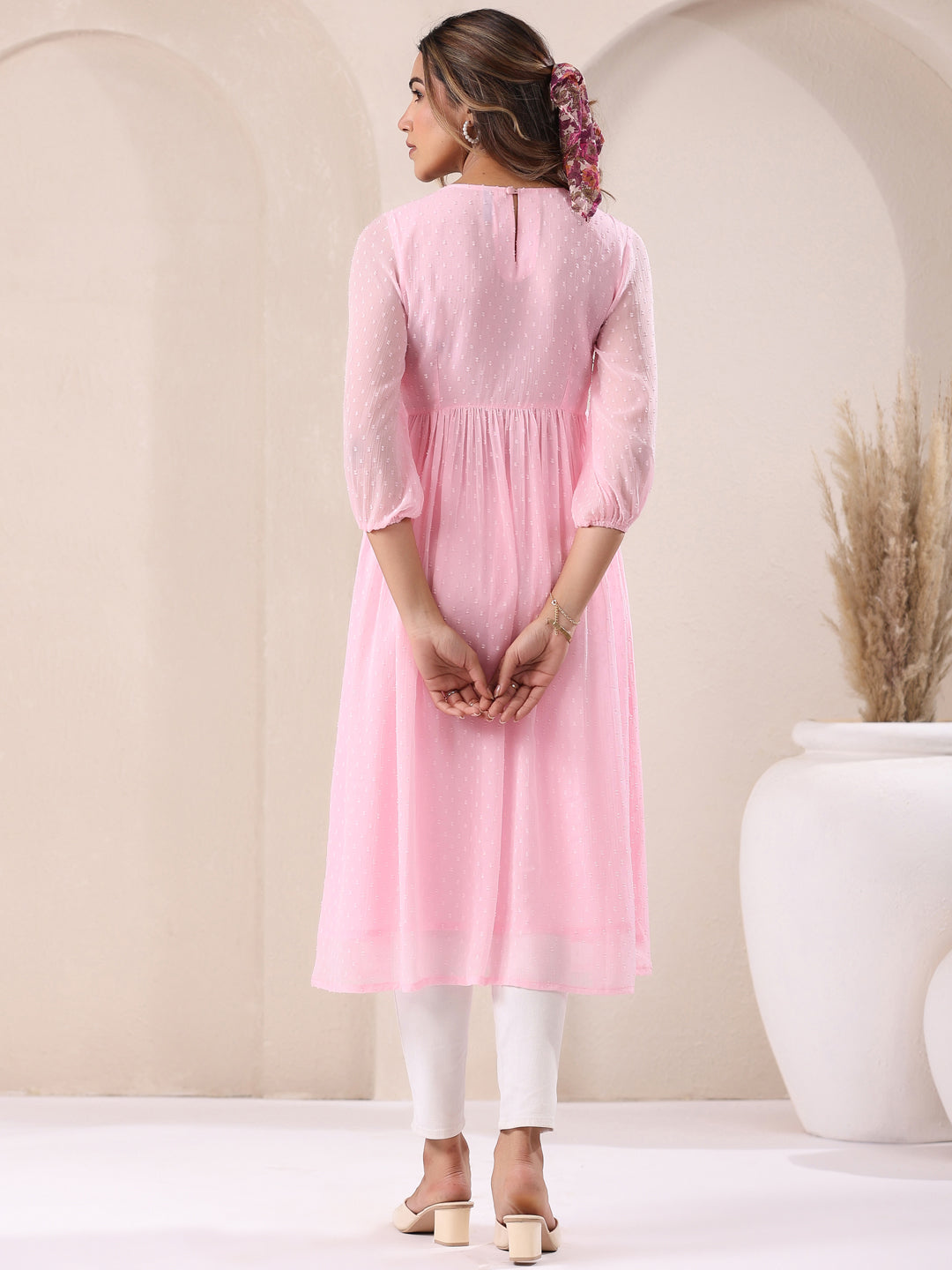 Myra Pink Dobby Chiffon Alia Cut Stylish Kurti for Women