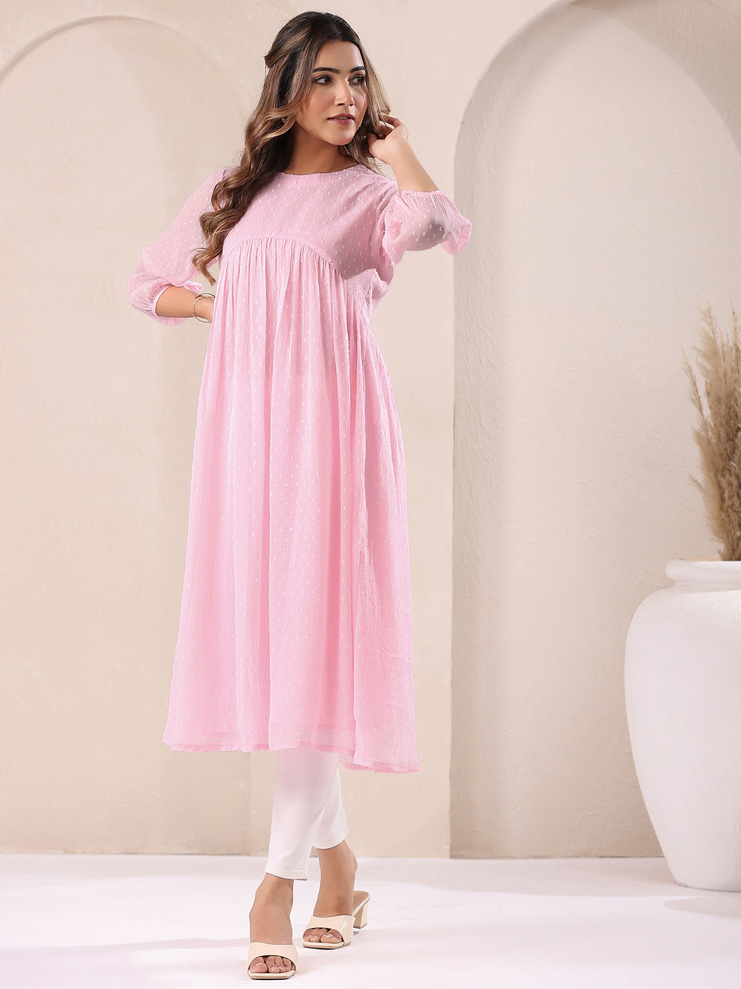 Myra Pink Dobby Chiffon Alia Cut Stylish Kurti for Women