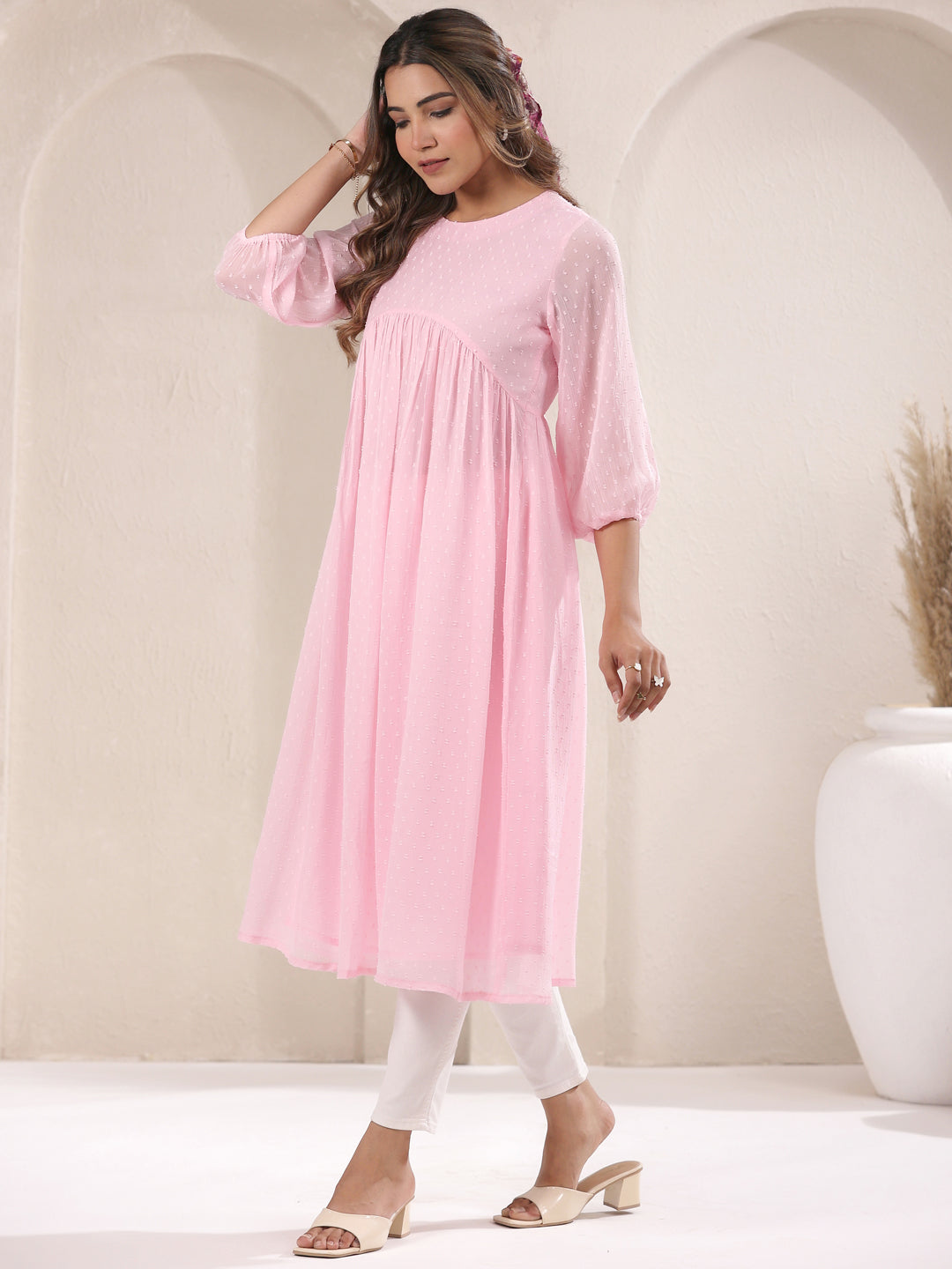 Myra Pink Dobby Chiffon Alia Cut Stylish Kurti for Women