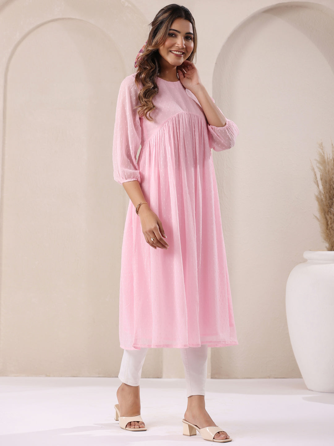 Myra Pink Dobby Chiffon Alia Cut Stylish Kurti for Women
