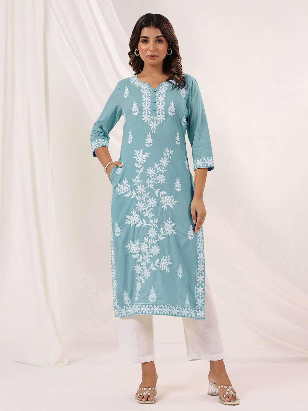 Charvi Light Blue Cotton Embroidered Kurti Sajnaa