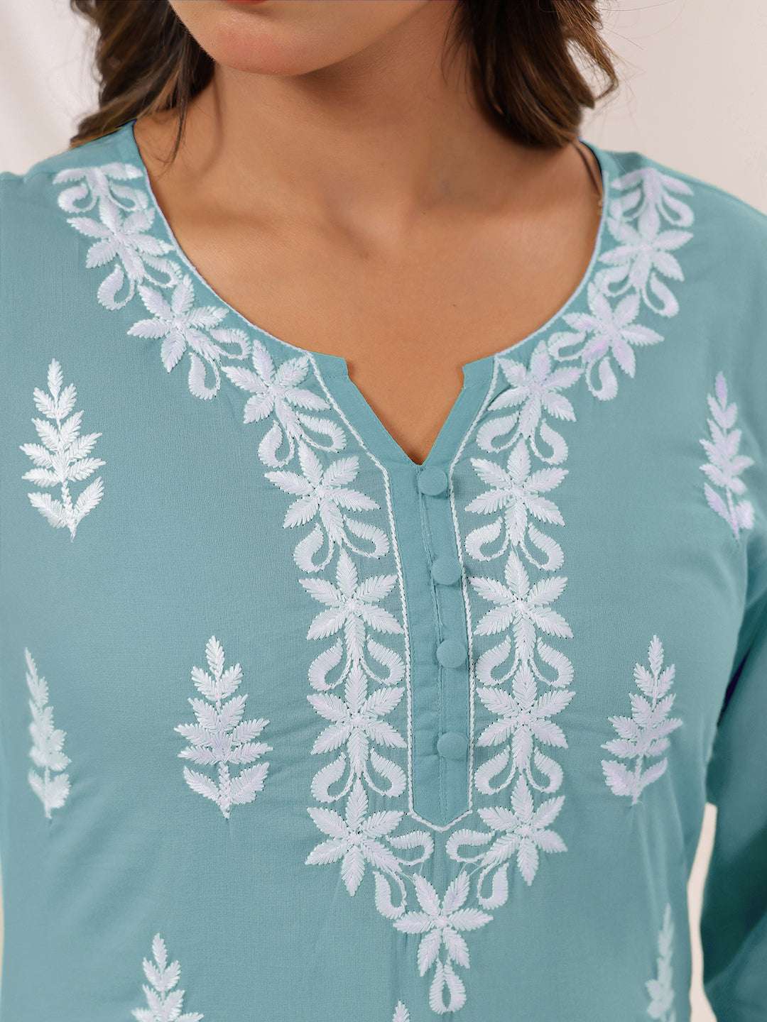Charvi Light Blue Cotton Embroidered Kurti My Store