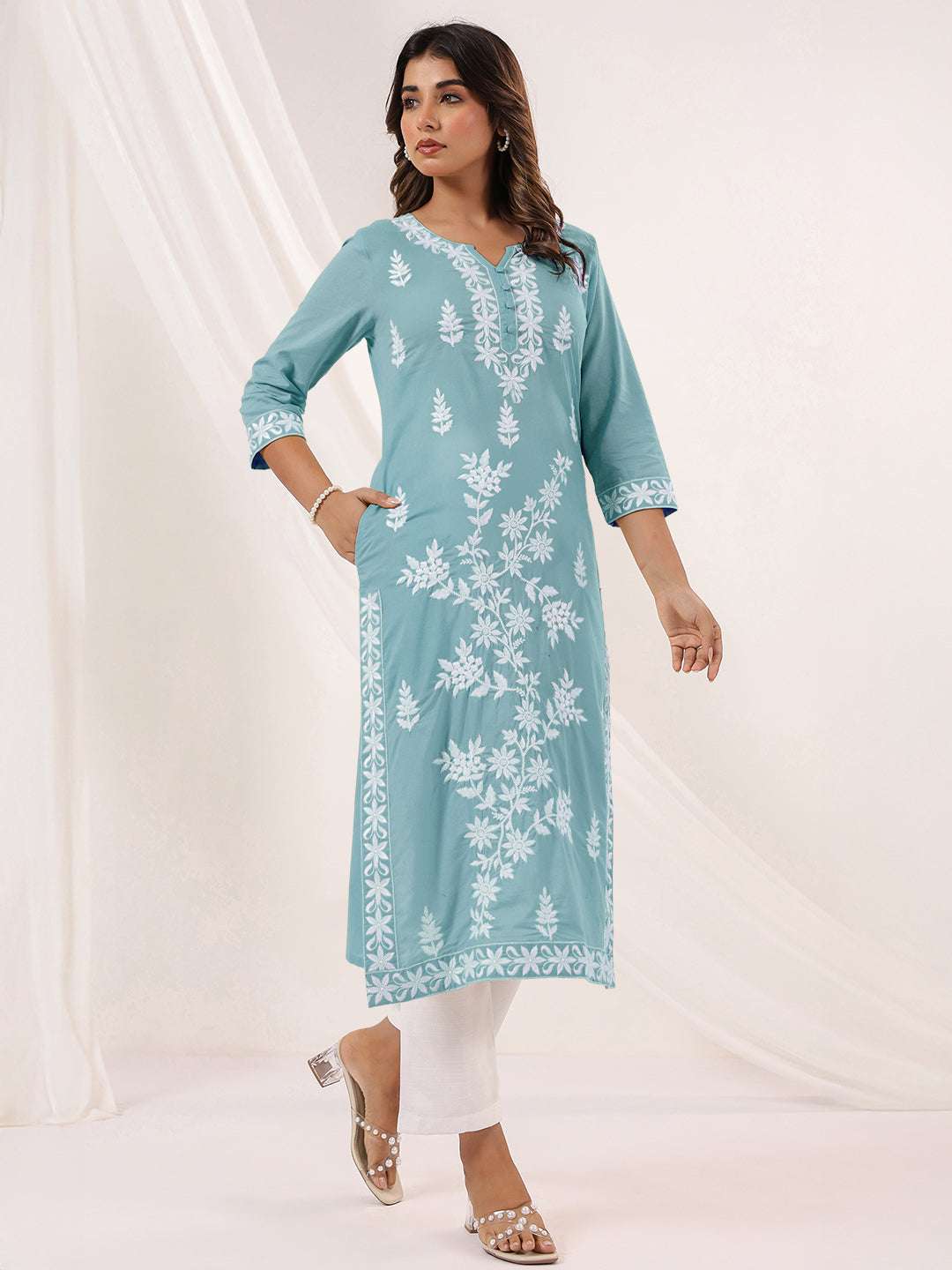Charvi Light Blue Cotton Embroidered Kurti Sajnaa