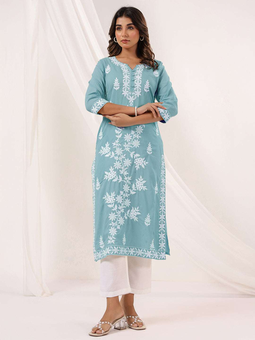 Charvi Light Blue Cotton Embroidered Kurti Sajnaa