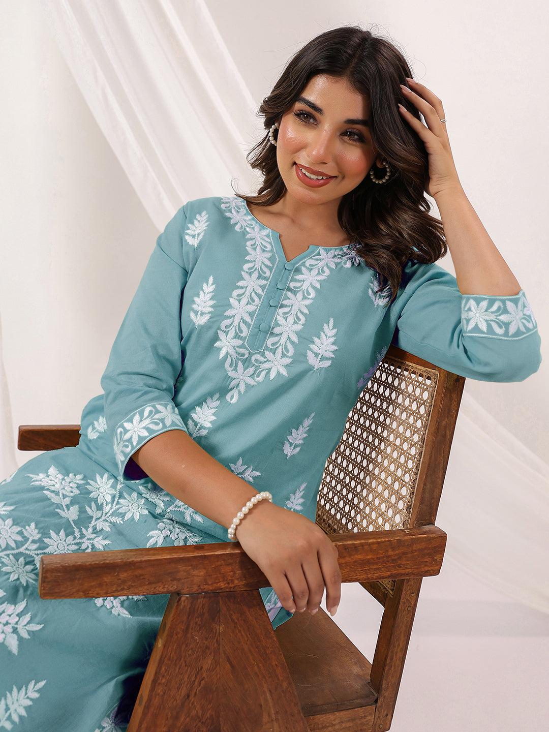 Charvi Light Blue Cotton Embroidered Kurti