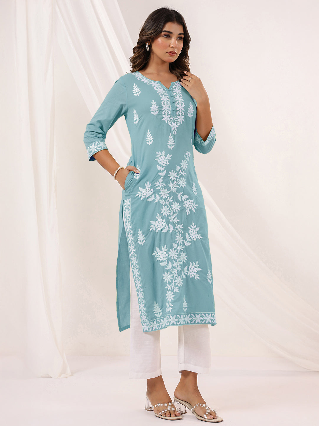Charvi Light Blue Cotton Embroidered Kurti