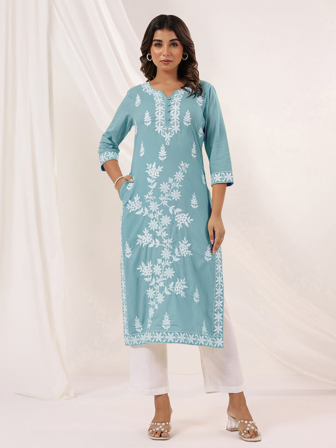 Charvi Light Blue Cotton Embroidered Kurti