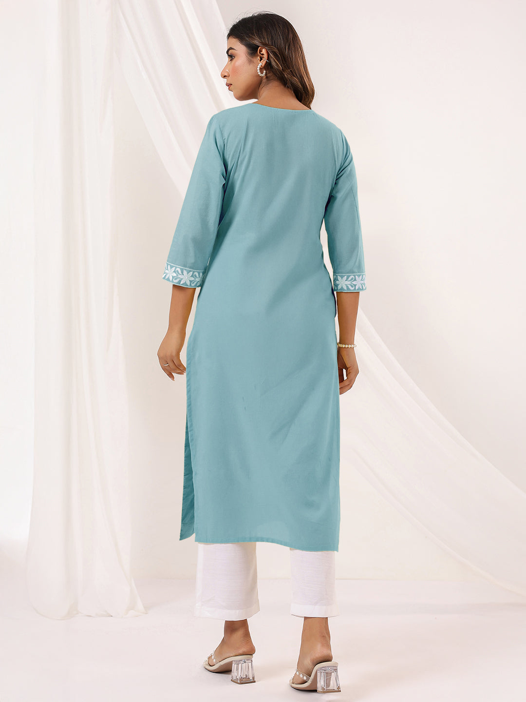 Charvi Light Blue Cotton Embroidered Kurti