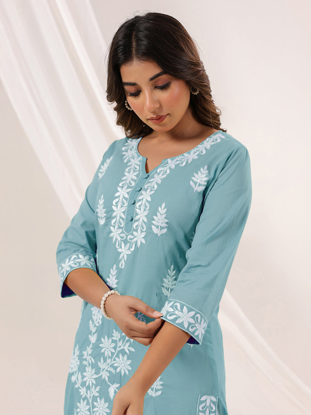 Charvi Light Blue Cotton Embroidered Kurti