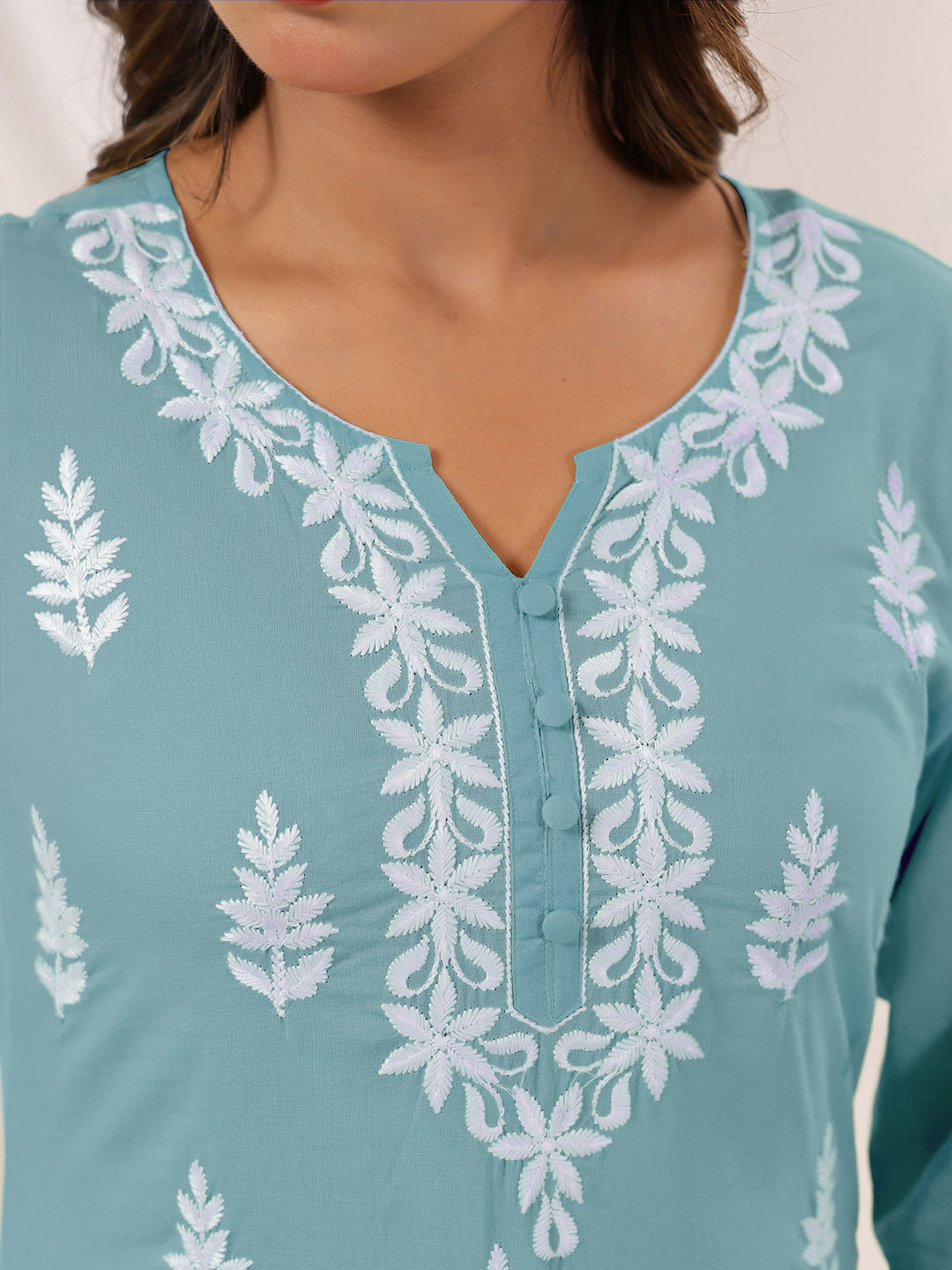 Charvi Light Blue Cotton Embroidered Kurti