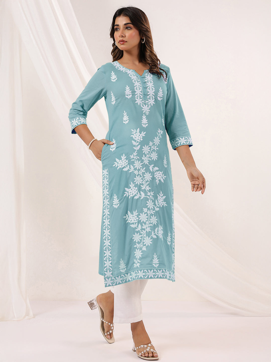 Charvi Light Blue Cotton Embroidered Kurti