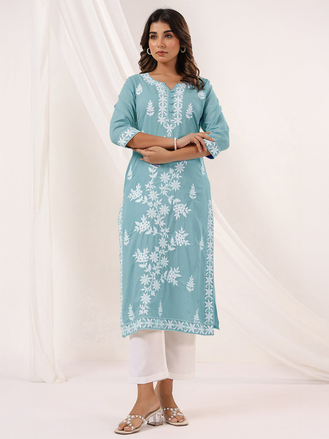 Charvi Light Blue Cotton Embroidered Kurti