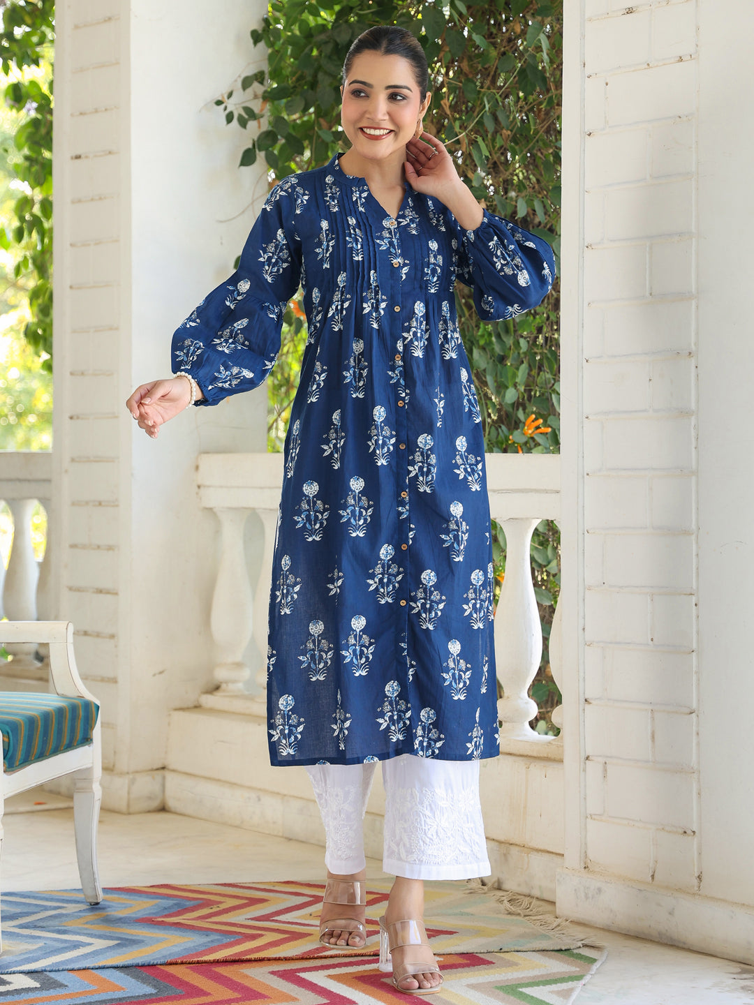 Myra Indigo Floral Cotton Kurti for Women