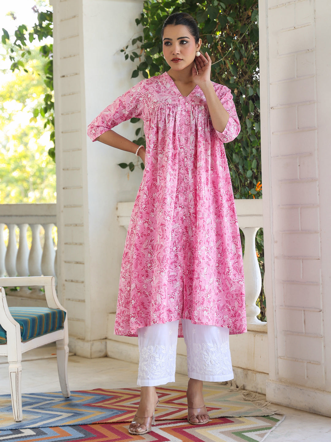 Aarvi Pink Cotton Floral Empire Kurti for Women