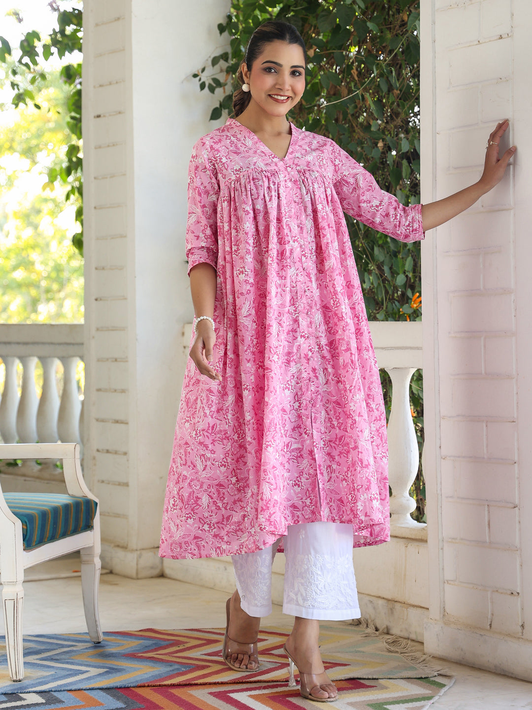Aarvi Pink Cotton Floral Empire Kurti for Women