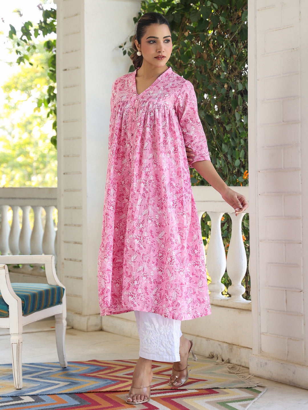 Aarvi Pink Cotton Floral Empire Kurti for Women