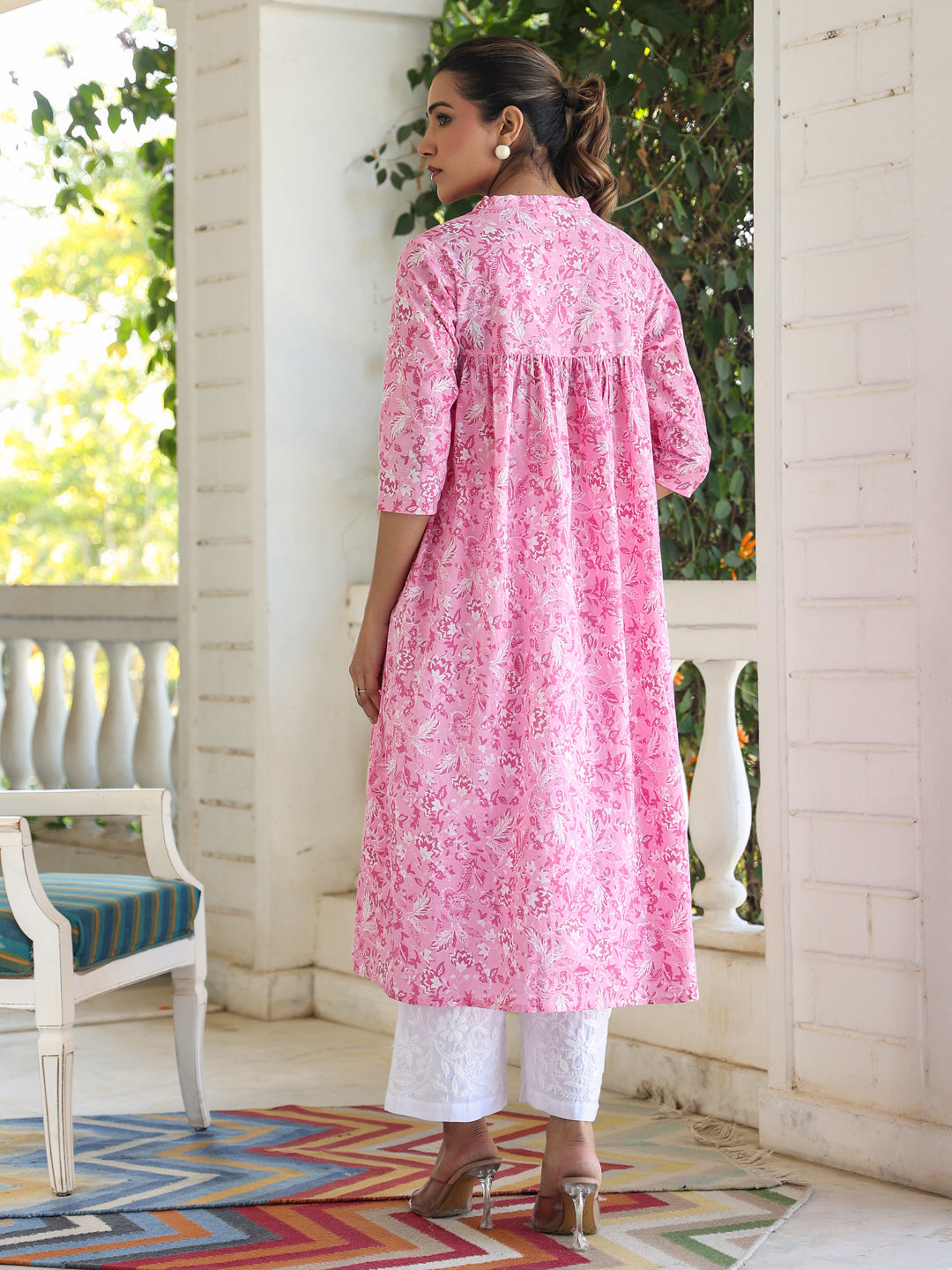 Aarvi Pink Cotton Floral Empire Kurti for Women