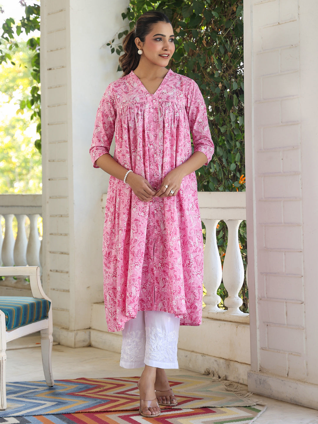 Aarvi Pink Cotton Floral Empire Kurti for Women