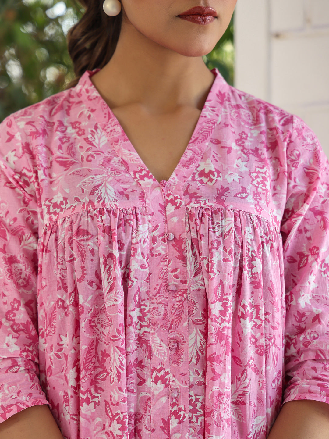 Aarvi Pink Cotton Floral Empire Kurti for Women
