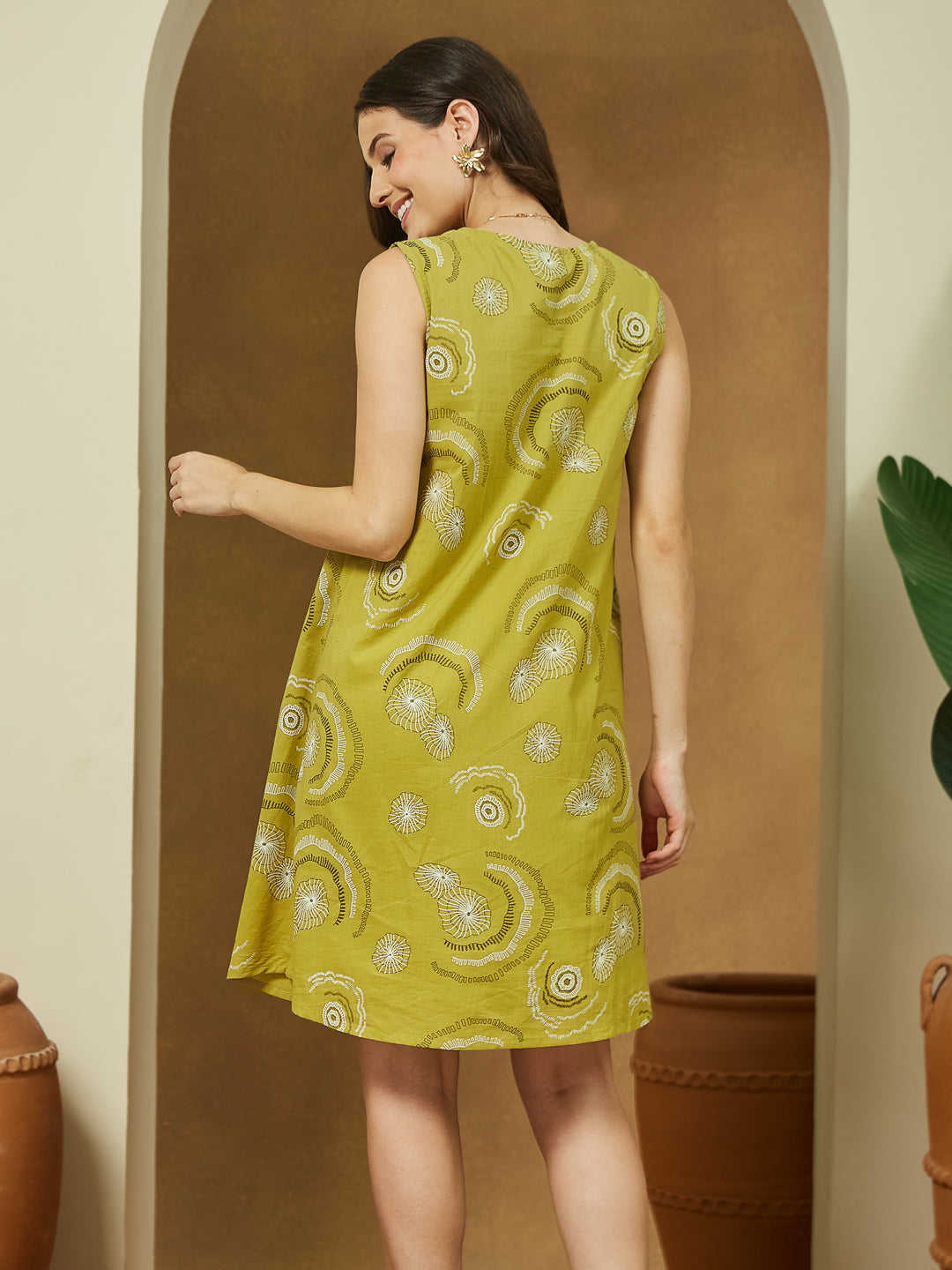 Olive Green Sleeveless A-Line Dress for Women