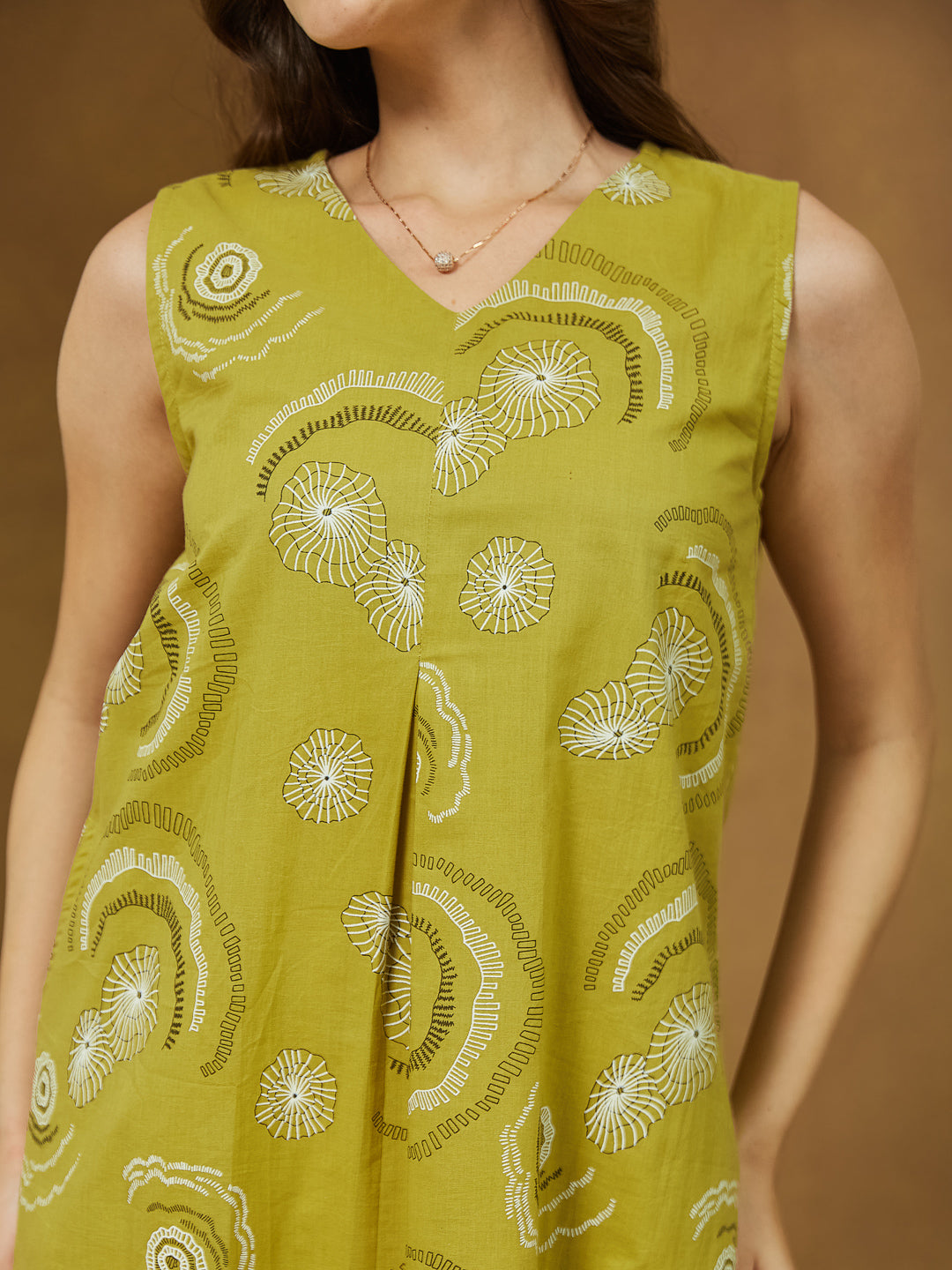 Olive Green Sleeveless A-Line Dress for Women