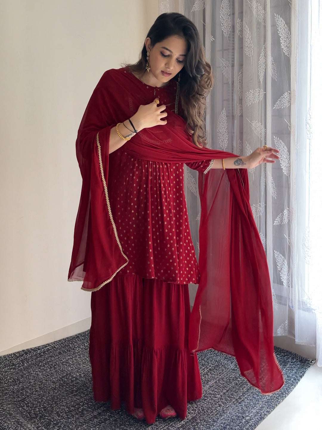 Maroon Rayon Sharara Set Sajnaa
