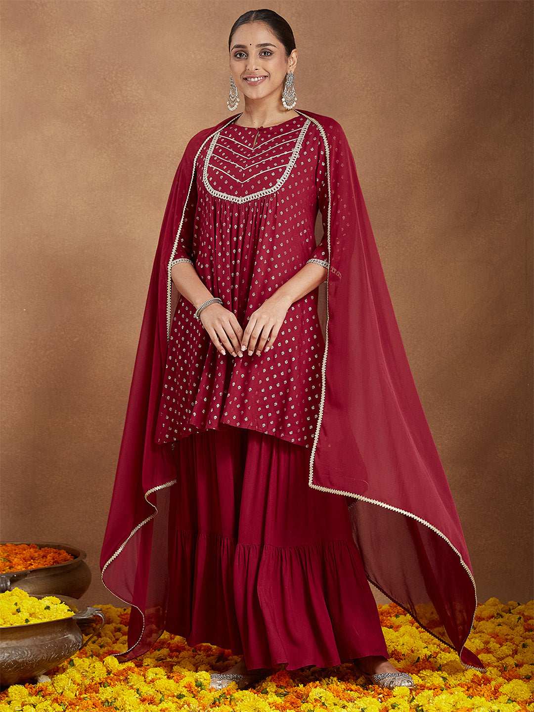 Maroon Rayon Sharara Set Sajnaa