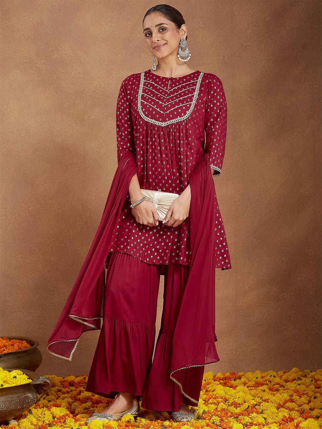 Maroon Rayon Sharara Set Sajnaa