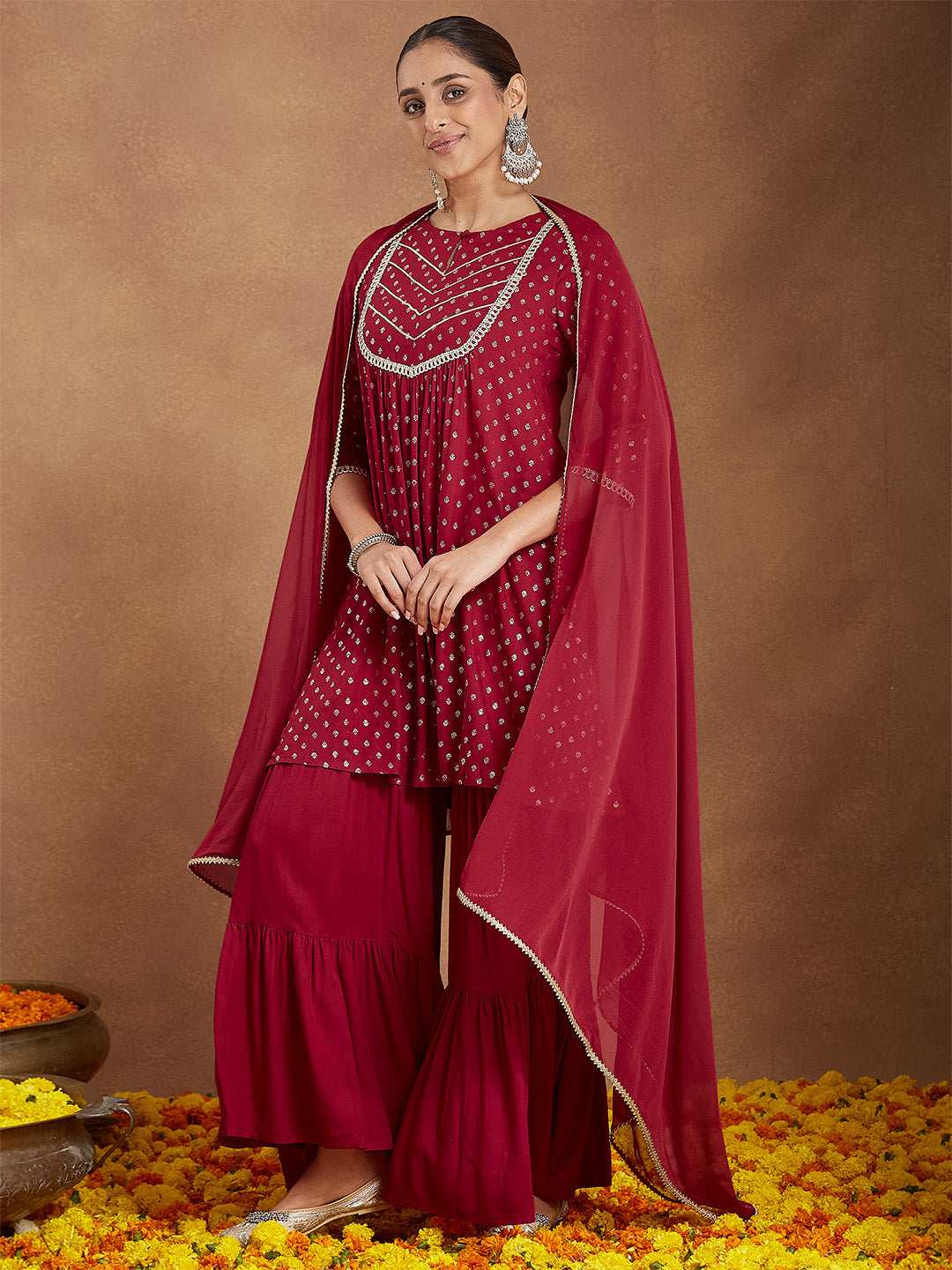 Maroon Rayon Sharara Set Sajnaa
